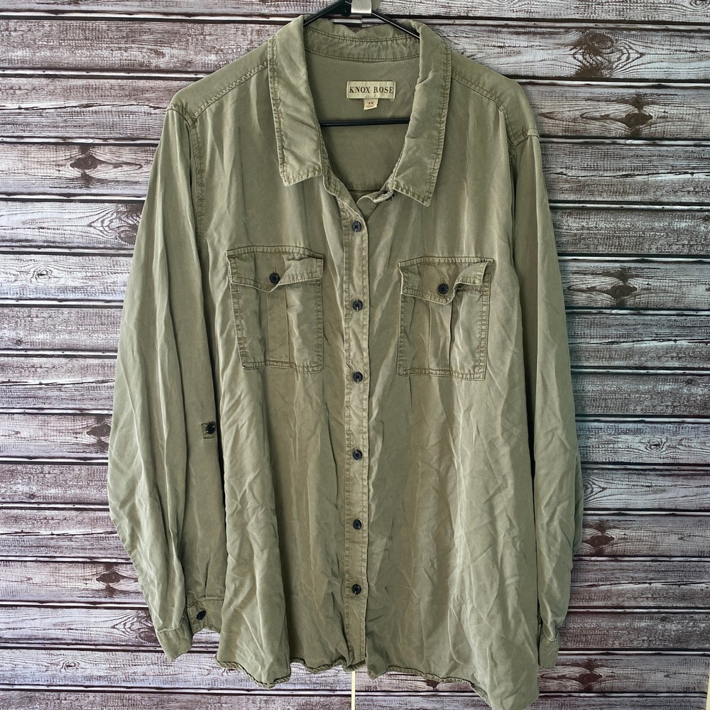 Knox Rose Women's Long-Sleeved Button-Down Top‎ Size 3X Green Tab-Sleeves
